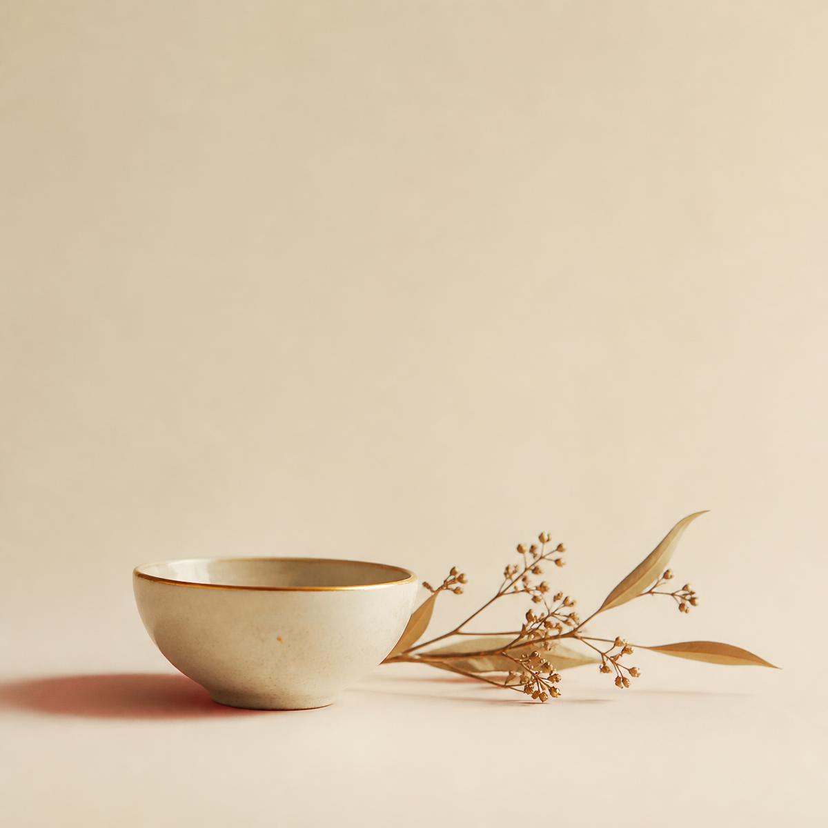 A simple ceramic bowl beside a dried botanical branch on a warm cream background